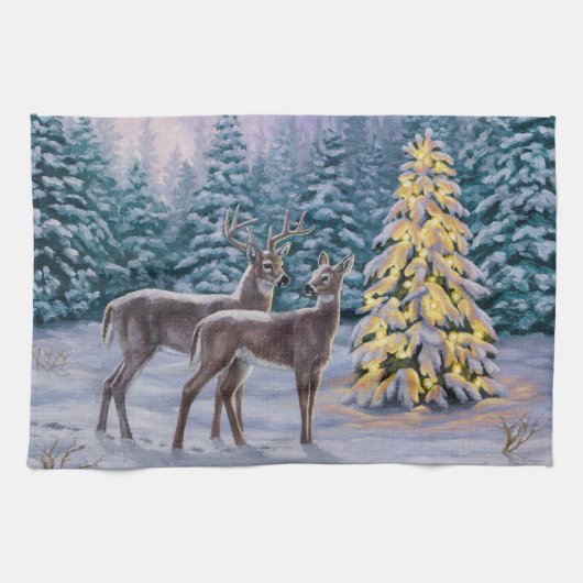 Whitetail Deer & Kerstboom Winter Scene Theedoek (Horizontaal)