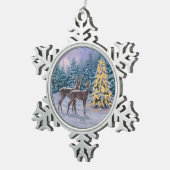 Whitetail Deer & Kerstboom Winter Scene Tin Sneeuwvlok Ornament (Rechts)