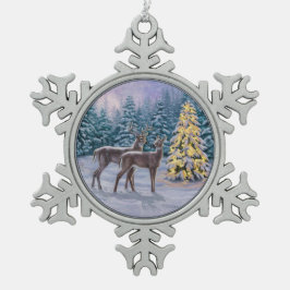 Whitetail Deer & Kerstboom Winter Scene Tin Sneeuwvlok Ornament