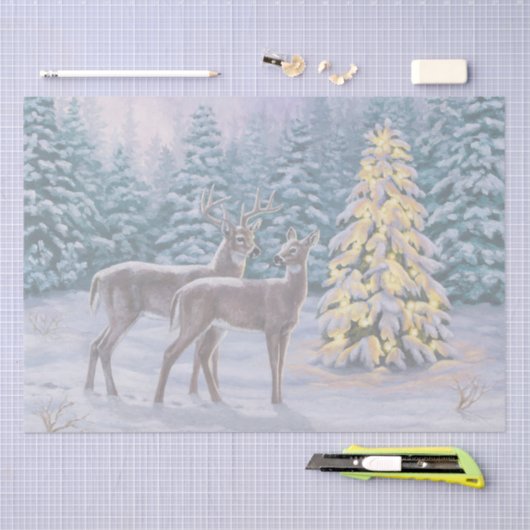 Whitetail Deer & Kerstboom Winter Scene Tissuepapier (Craft)