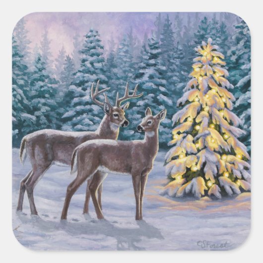Whitetail Deer & Kerstboom Winter Scene Vierkante Sticker (Voorkant)