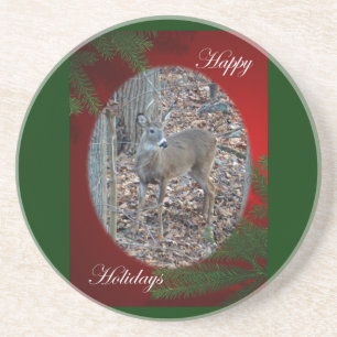 Whitetail Deer Spike Buck Prettige feestdagen Zandsteen Onderzetter