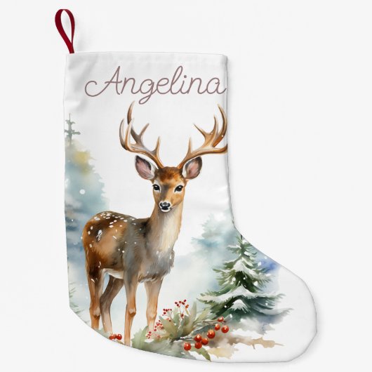 Whitetail Deer Waterverf Art Christmas Stocking Kleine Kerstsok (Voorkant)