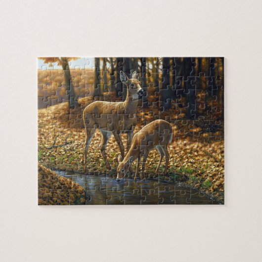 Whitetail Doe en Gemeld die van een Stroom Drink Legpuzzel (Horizontaal)