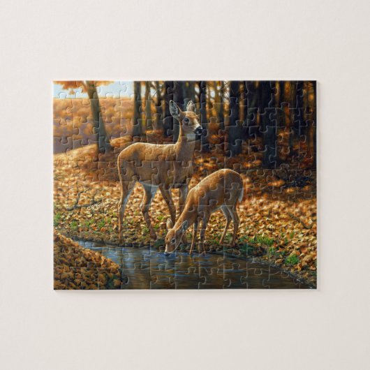Whitetail Doe en Gemeld die van een Stroom Drink Legpuzzel (Horizontaal)