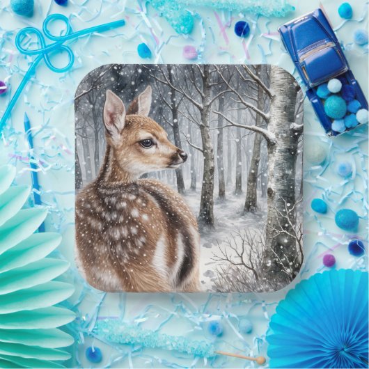 Whitetail Fawn in het winterbos Papieren Bordje (Feest)