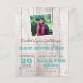 Whitewash Blauwgroen Bat Mitzvah Foto Opslagdatum Aankondigingskaart (Voorkant)