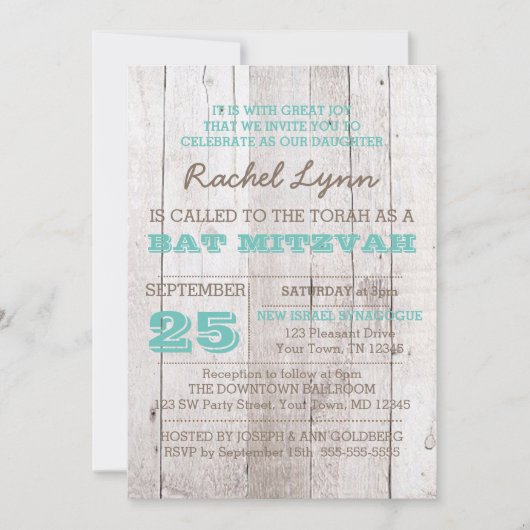 Whitewash Blauwgroen Bat Mitzvah Invitation Kaart (Voorkant)