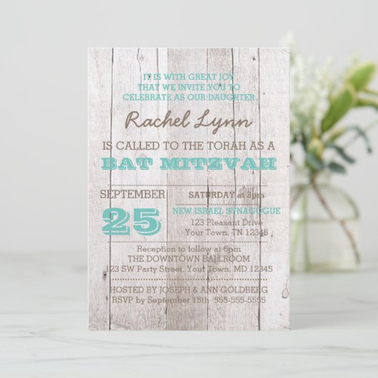 Whitewash Blauwgroen Bat Mitzvah Invitation Kaart (Staand voorkant)