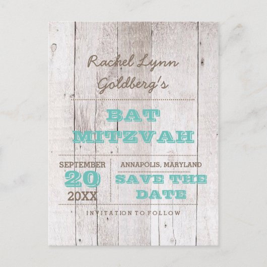 Whitewash Blauwgroen Bat Mitzvah Save the Date Aankondigingskaart (Voorkant)