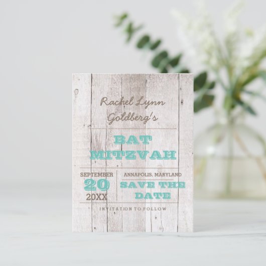 Whitewash Blauwgroen Bat Mitzvah Save the Date Aankondigingskaart (Staand voorkant)