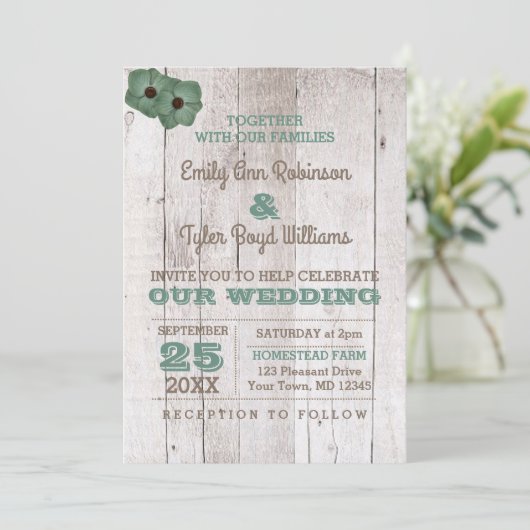 Whitewash Blauwgroen rustieke bruiloft uitnodiging (Staand voorkant)