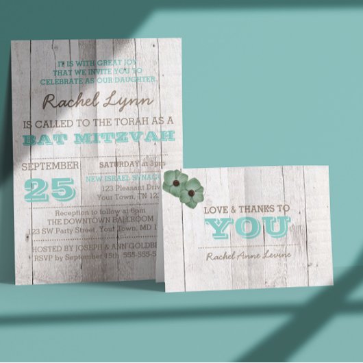 Whitewash Blauwgroen vleermuis mitzvah bedankje Bedankkaart