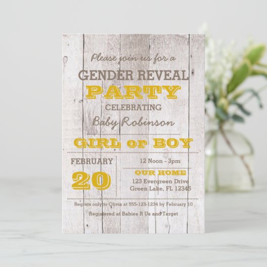 Whitewash Geel Geslacht Onthulling Uitnodiging (Staand voorkant)