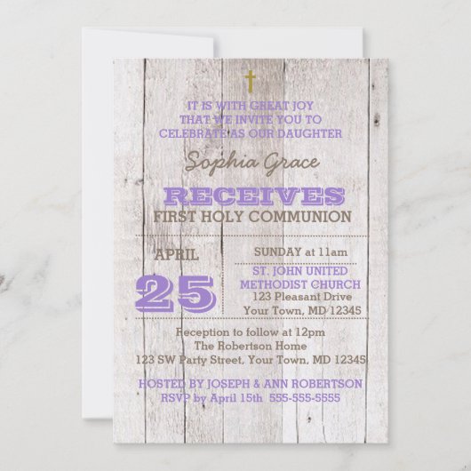 Whitewash Lila rustieke Eerste Heilige Communie Kaart (Voorkant)