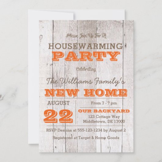 Whitewash Oranje Housewarming Invitation Kaart (Voorkant)