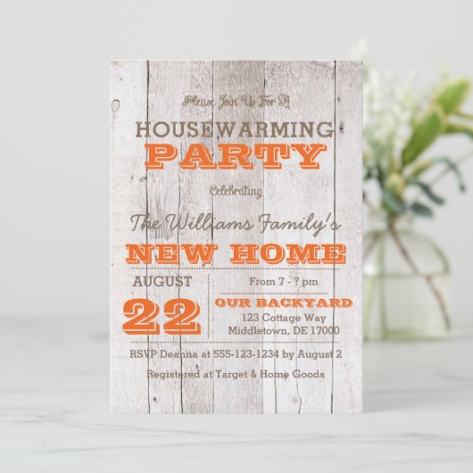 Whitewash Oranje Housewarming Invitation Kaart (Staand voorkant)