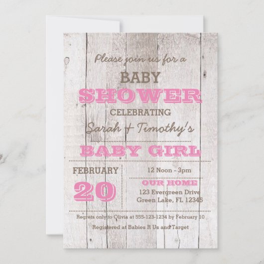 Whitewash Roze Baby shower Uitnodiging (Voorkant)