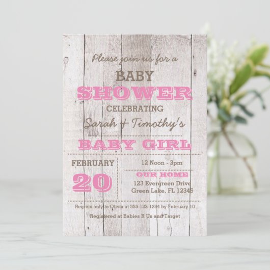 Whitewash Roze Baby shower Uitnodiging (Staand voorkant)
