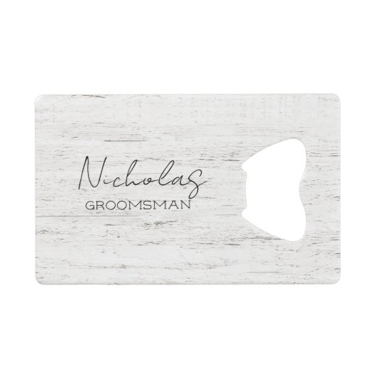 Whitewashed Wood gepersonaliseerde bruidsfeestje Creditkaart Flessenopener (Voorkant (Horizontaal))