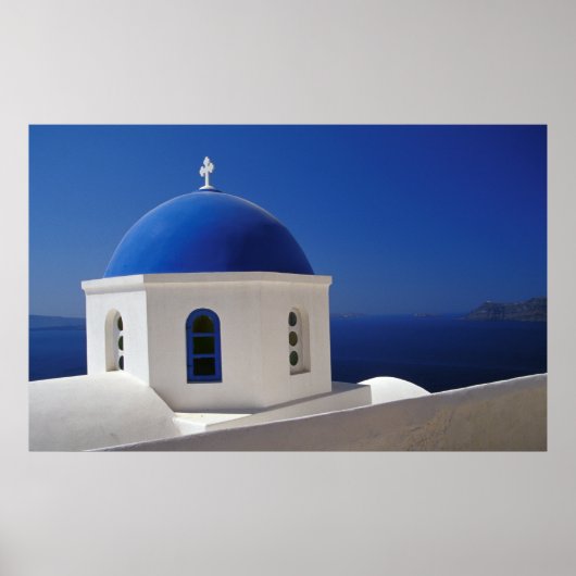 Whitewashington Kerk met Blue Dome, Santorini Poster (Voorkant)