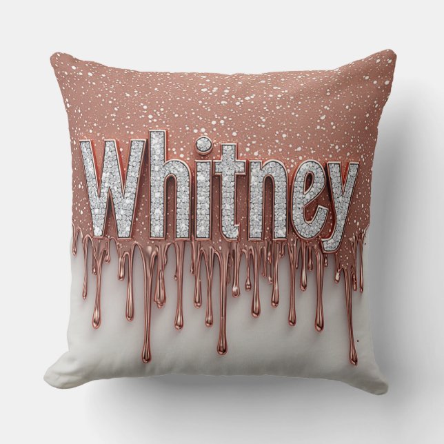 Whitney Naam in Roosgoud Druppelende Metaal Kussen (Voorkant)