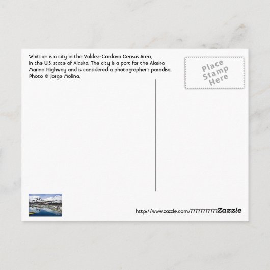 Whittier, Alaska, VS Briefkaart (Achterkant)