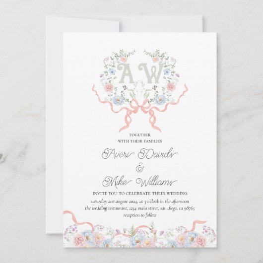 Whmistical Wildflower Crest Monogram Huwelijk Kaart (Voorkant)