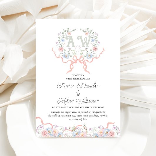 Whmistical Wildflower Crest Monogram Huwelijk Kaart