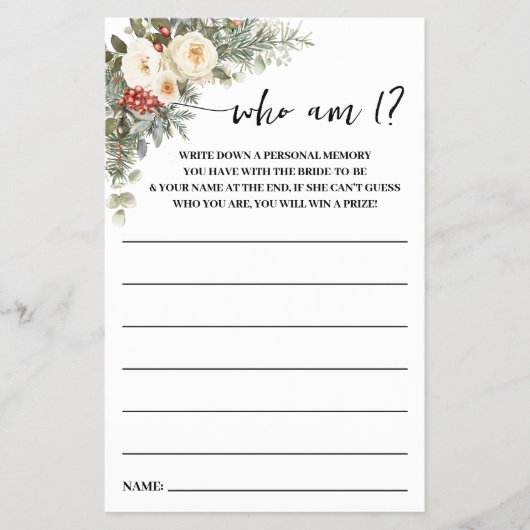 Who am I? Winter Flowers Bridal Shower Game Card Flyer (Voorkant)