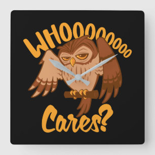 Who Cares Grappig Zorgeloos Cartoon Uil Tekenen Vierkante Klok