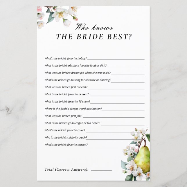 Who Knows Bride Perfect Pear Bridal Shower Game (Voorkant)