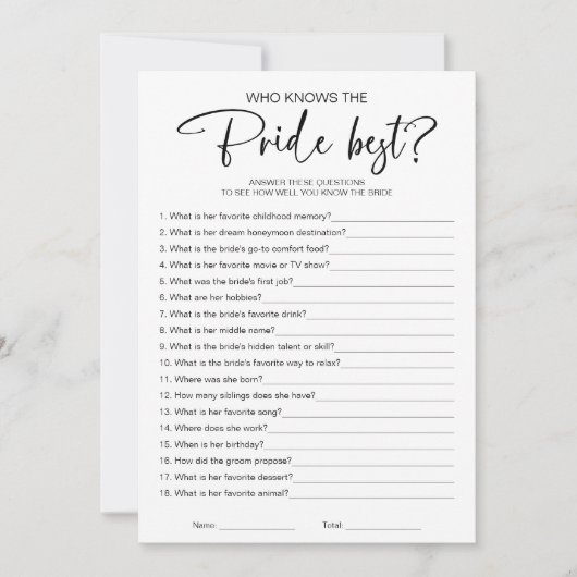 Who Knows de Bruid Beste Vrijgezellenfeest Game Kaart (Voorkant)