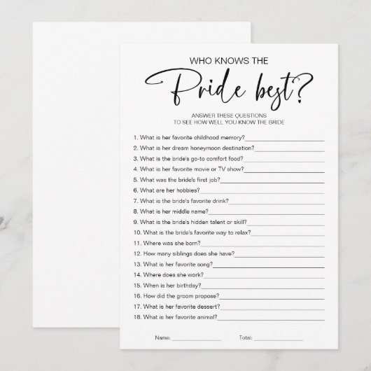 Who Knows de Bruid Beste Vrijgezellenfeest Game Kaart (Voorkant / Achterkant)