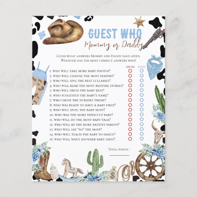 Who Knows Little Cowboy Western Baby Shower Game (Voorkant)