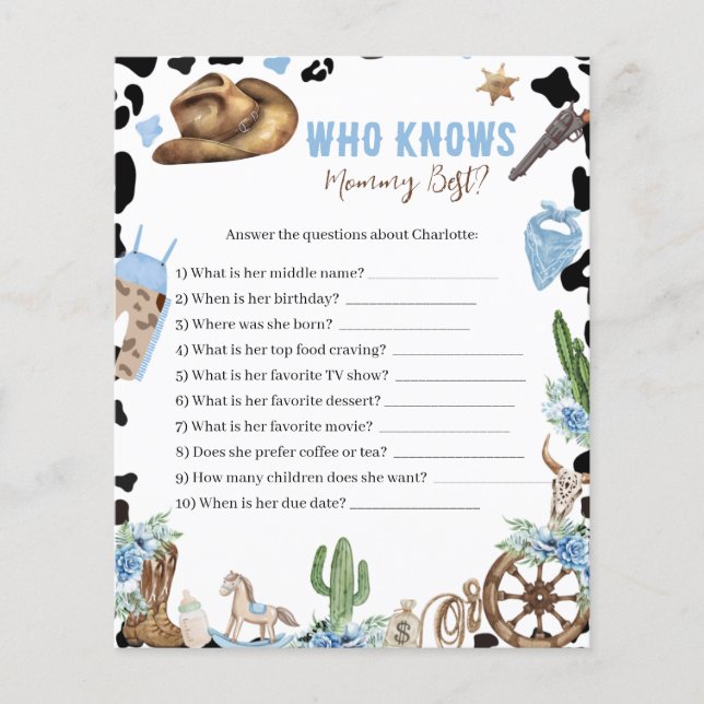 Who Knows Mommy Best Cowboy Baby Shower Game Card (Voorkant)