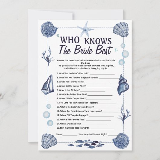 Who Knows the Bride Best Game Nautical bridal  Kaart (Voorkant)