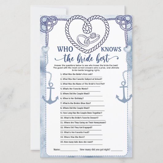 Who Knows the Bride Best Game Nautical Wedding (Voorkant)
