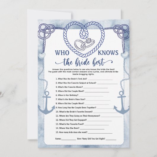 Who Knows the Bride Best Game Nautical Wedding  Kaart (Voorkant)