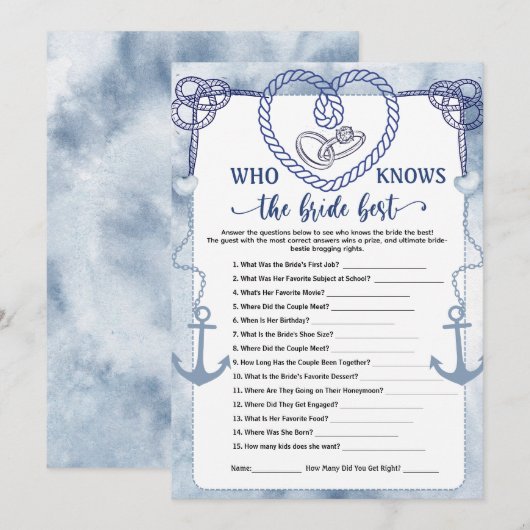 Who Knows the Bride Best Game Nautical Wedding  Kaart (Voorkant / Achterkant)