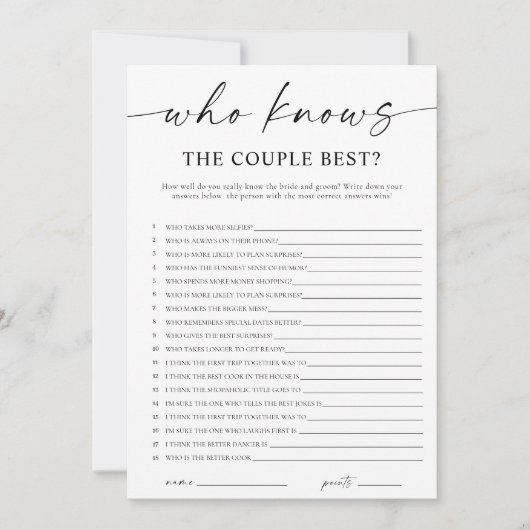 Who Knows the Couple Best Bridal Shower Game Kaart (Voorkant)