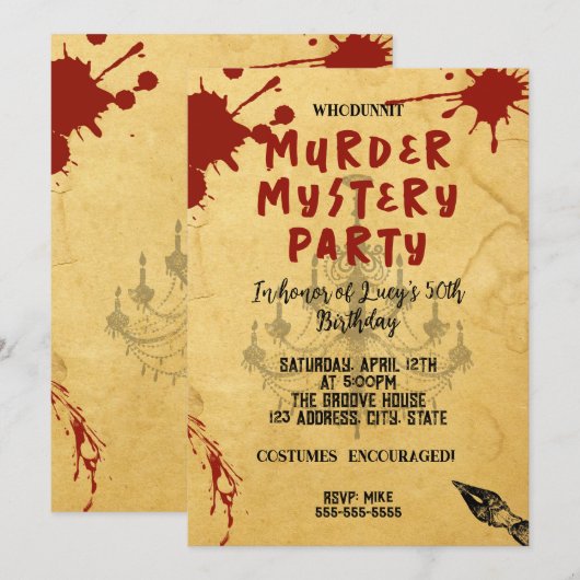 whodunit moord mysterie bloedige partij 40th 50th  kaart (Voorkant / Achterkant)