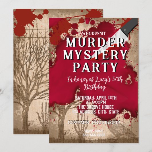 whodunit moord mysterie bloedige partij 40th 50th  kaart (Voorkant / Achterkant)