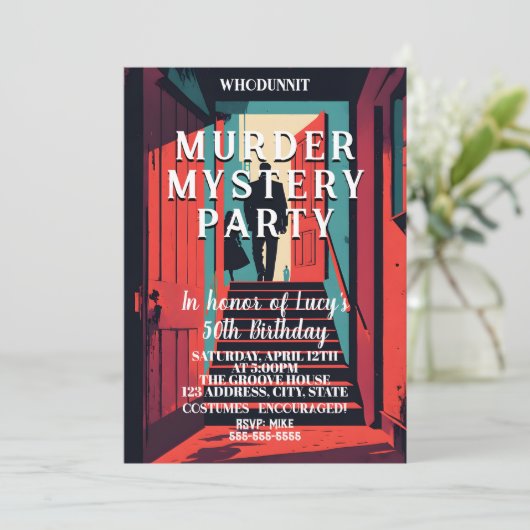 Whodunit moord Mystery Detective Dinner Party Kaart (Staand voorkant)