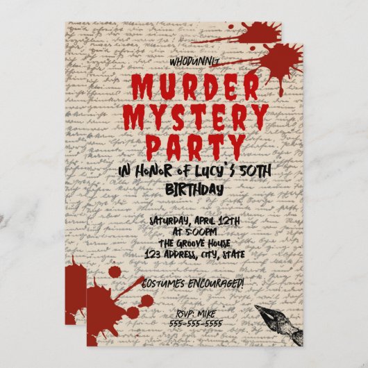 whodunit-moordmysterie bloedfeestje 40e 50e 60e kaart (Voorkant / Achterkant)