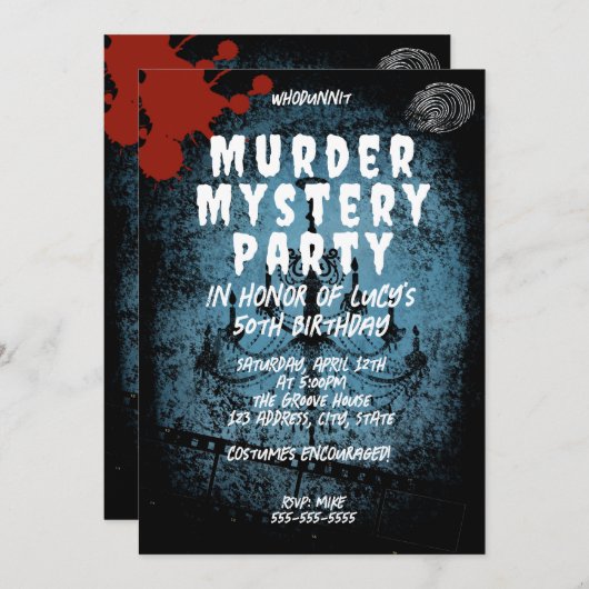 whodunit-moordmysterie bloedfeestje 40e 50e 60e kaart (Voorkant / Achterkant)