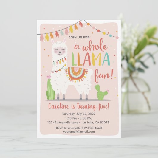 Whole Llama Fun Birthday Invitation Cactus Kaart (Staand voorkant)