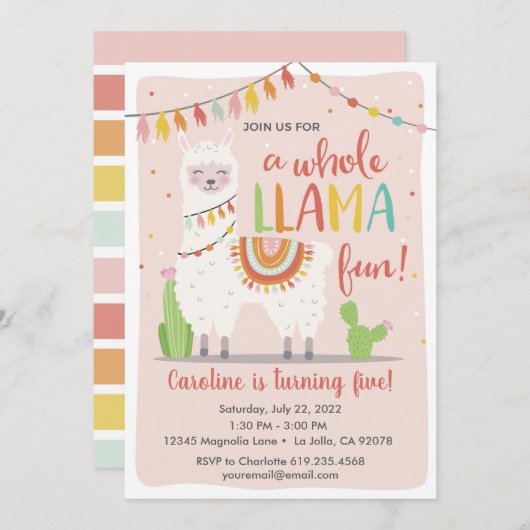 Whole Llama Fun Birthday Invitation Cactus Kaart (Voorkant / Achterkant)