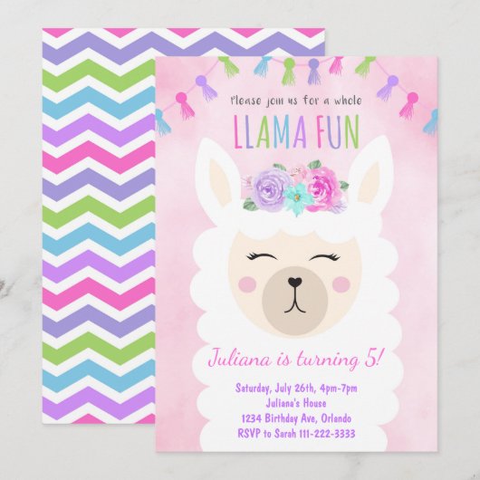 Whole Llama Fun Birthday Invitation Kaart (Voorkant / Achterkant)