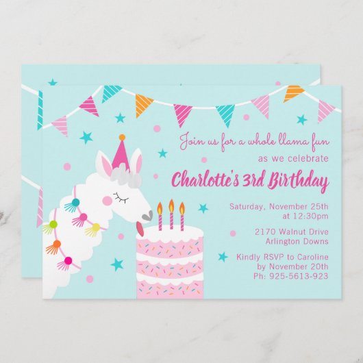 Whole Llama Fun Cake 3rd Birthday Aqua Kaart (Voorkant / Achterkant)